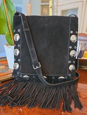 Moda Luxe Black Suede Fringe Shoulder Bag with Silver Studs